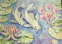 White Koi Carp Fish In a Pond Wall Art. Watercolor painting 11,5″ x 16,25″