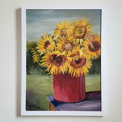 K Gaourer Signed Still Life Sunflowers Red Pale Oil Painting Folk Art 18×24