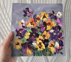 Original Oil painting Flower Impasto on Canvas Boad 20x20cm Pansies Art Signed