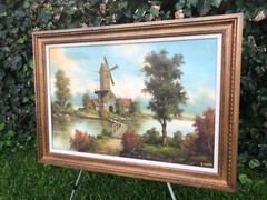 T METZA Original HUGE DUTCH LANDSCAPE RIVER BRIDGE HOLLAND WINDMILL Oil & Canvas
