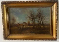 Antique Sheep And Shepherdess Autumn Countryside Landscape Oil Painting