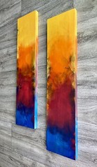 abstract painting, abstract art, orange, blue, yellow, scrap wood, acrylic