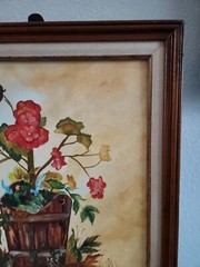 Red Geranium Floral Still Life | Original 1970s Oil Painting Rustic Framed 20×24