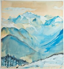 Beautiful Antique Watercolor and Gouache Painting of Snowy Mountain Landscape