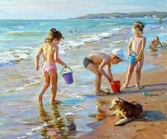 ACEO Art Card Young children playing in the Ocean sand