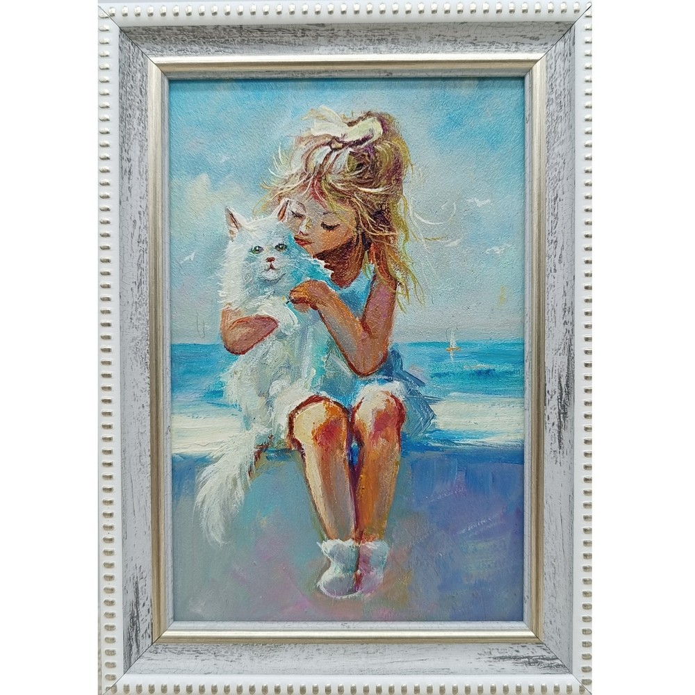 Girl White Cat Original Oil Painting 4×6 Framed Signed Cute Kitten Beach Art