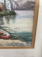 Hand Painted Watercolor Mediterranean Harbor Church Framed Coastal Art