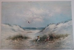 Edward Runci Original Oil Painting – Children in Dunes Seascape Signed 24×36