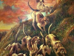 Hunting Dogs Tracking Game over Terrain w/ Red Sky Oil on Canvas Gold Gilt Frame