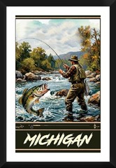 Bass Fly Fishing Travel Poster Michigan Print, Canvas, or Framed