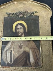 Antique Sacred Heart of Jesus Painting on Paper/Canvas Laid on Wood Gilt Frame