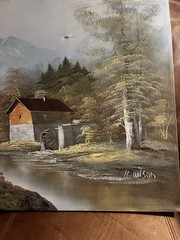 H. Wilson Signed Realism Landscape Painting Mountains River House Trees Canvas