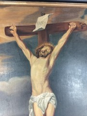 Very Large Antique Painting Oil on Wooden panel Crucifixion after Antoon Van Dyc