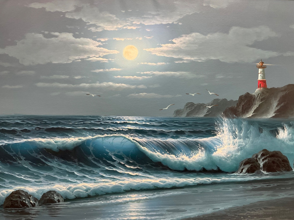 Oil Painting 24×36″ Ocean waves falling under night sky, lighthouse, seagulls