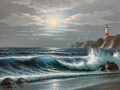 Oil Painting 24×36″ Ocean waves falling under night sky, lighthouse, seagulls