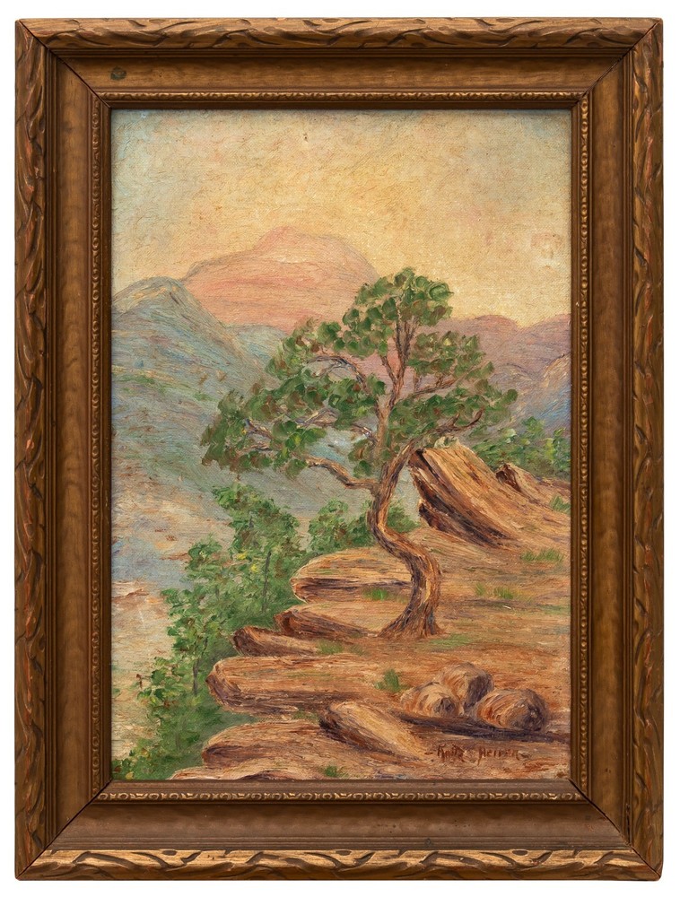 Vintage Southwestern American Landscape Painting Tree on Cliff, Signed Illegibly