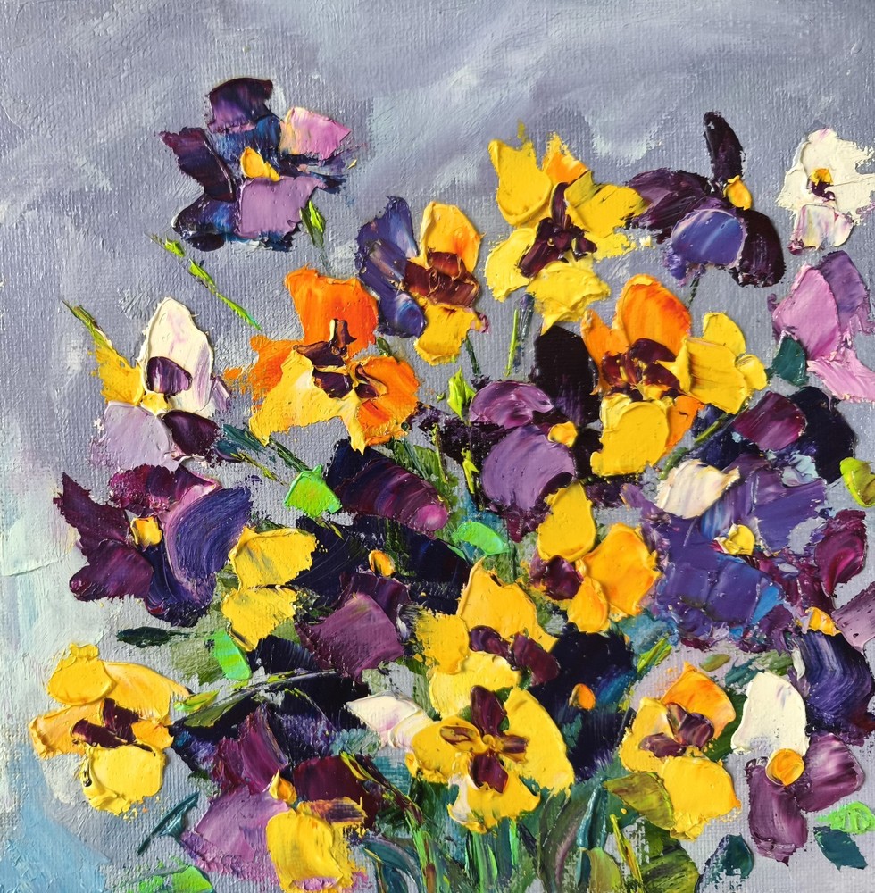 Original Oil painting Flower Impasto on Canvas Boad 20x20cm Pansies Art Signed