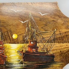 Vintage MCM Matson Fishing Boats Painting On Plaque 13 x 9 Inches Signed