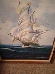 Canvas Painting Clipper Ship Nautical Frame Large Signed Very Nice
