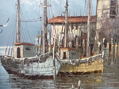 Original Oil Painting Art Fishing Boats Northern Harbor Seascape Signed W. Jones
