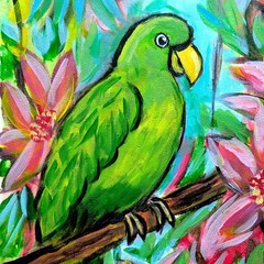 Hand Painted Green Parrot 11×14 Canvas Original Expressionist Painting