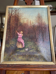Antique Oil Painting Peasant Woman with Basket Pink Dress Foraging in the Woods