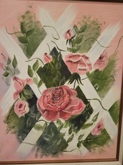 Vintage Pink Rose Painting On Trellis Signed Madeline Rusch 1994