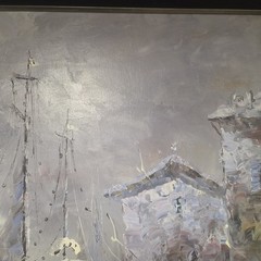 Large Signed Impressionist Harbor Oil Painting Marine Coastal Boats Framed 24×36