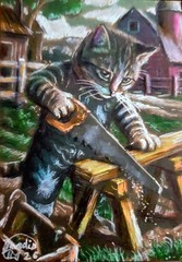 Jacob Landis HANDMADE ORIGINAL Whimsy Cute Tabby Cat Kitten Worker „Saw’n Wood“