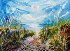 Original Hand Painted Coastal Path Seascape Canvas Art Beach Landscape 16×12