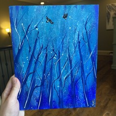 8/10 Inches Original Painted On Canvas,abstract Forest,night,blue Birds