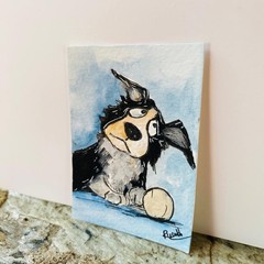 Cute Cartoon Dog ACEO Playful Pup with Ball Original Miniature Art Paint Gift