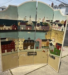 Sandi Wickersham Resnick 1980s Signed Folk Art New England Town Room Screen