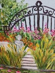 Vintage Oil Painting Waterlily pond statue and garden gate canvas signed framed
