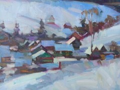 Oil painting In Village Ukrainian painter Canvas original winter landscape art
