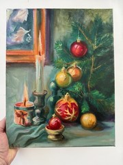 Christmas Tree, Original Painting oil,11x14inch, Wall Art Decor, Signed Art Gift