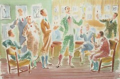 SCHARISE „THE TROPHY REUNION“ ORIGINAL WATERCOLOR GUYS IN ROOM SCENE PAINTING