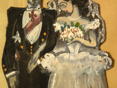 Unique whimsical vintage cut out gouache painting of Edwardian married couple