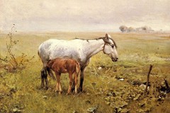 Art Oil painting animals horses A Mare and her Foal in a landscape canvas