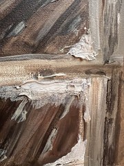 EUC abstract impasto oil in browns, tans and white on canvas stretcher, 16”x20”
