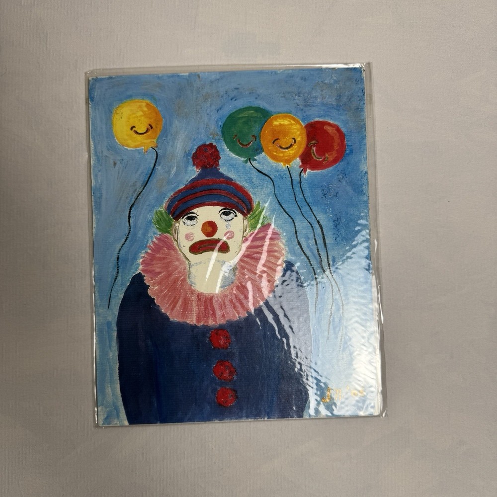 Vtg Original Clown Painting Artwork Parchment Balloon Circus New