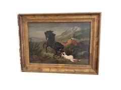 Antique Painting Oil Canvas Woman Frame Wood Nude Horse Decor Queen Brunehaut