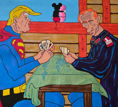 TRUMP and PUTIN / Signed Cuban Pop Art Painting of Card Game for World Dominance