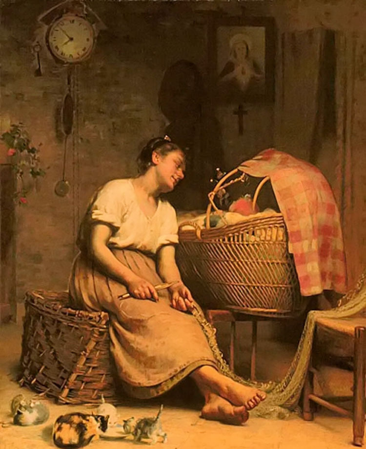 Oil painting paul peel – mother love with baby in the cradle and animals cats