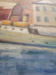 SCANDINAVIAN HARBOR OIL PAINTING BOAT AND PASTEL HOUSES SIGNED BERTIL LUNDQVIST