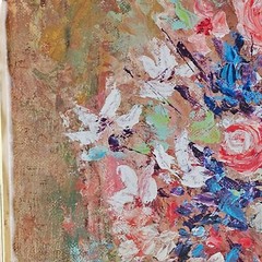 MCM Floral Painting Pink Flowers Still Life Oil on Board C. 1960 Signed Connell