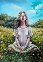 Original Painting Meditation Woman and Nature Artwork, Woman Portrait, Ukraine