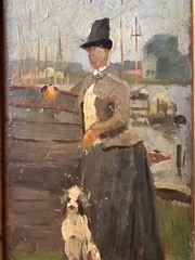 19th Century French Impressionism Woman and his Dog by the Seine Antique Oil