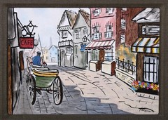 French Village Painting by Helen Jacobson Custom Frame – Cafe Man in Buggy