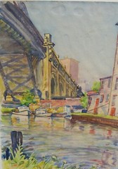 ANTIQUE FINE SIGNED 1920S 30S MODERNIST CITYSCAPE WATERCOLOR PAINTING LANDSCAPE